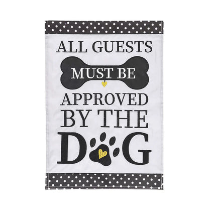 Dog garden applique flag ALL GUESTS MUST BE APPROVED BY THE DOG with polka-dot borders on Tampa Home & Garden Store