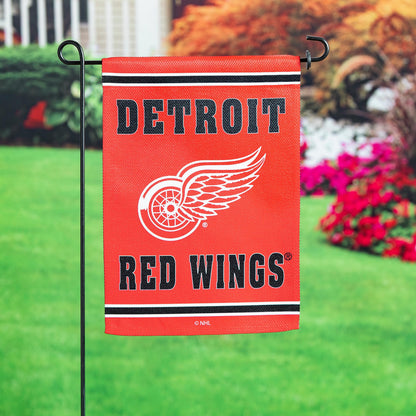 Detroit Red Wings embossed suede garden flag red with black-white stripe and wing logo on stake on Tampa Home & Garden Store