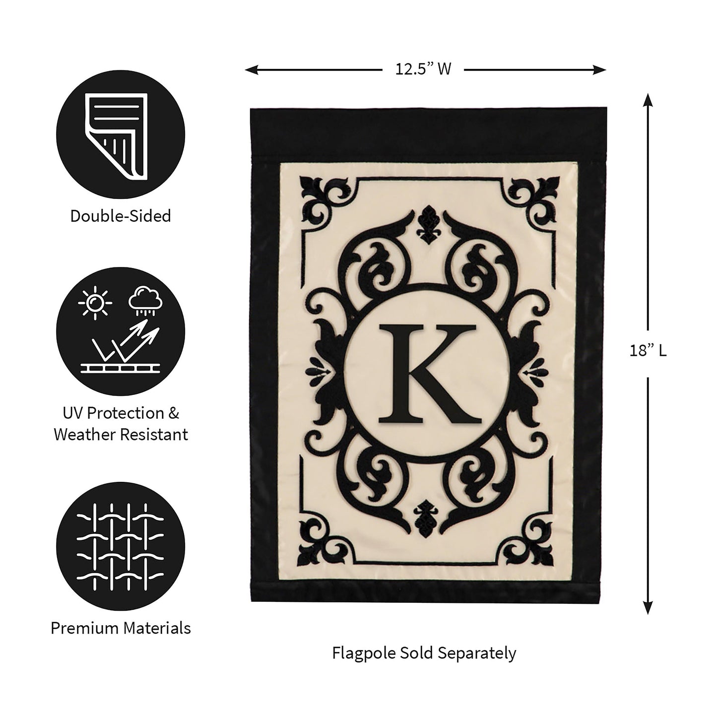Cambridge Monogram Garden Applique Flag Letter K, cream with black ornate monogram, double-sided on Tampa Home & Garden Store