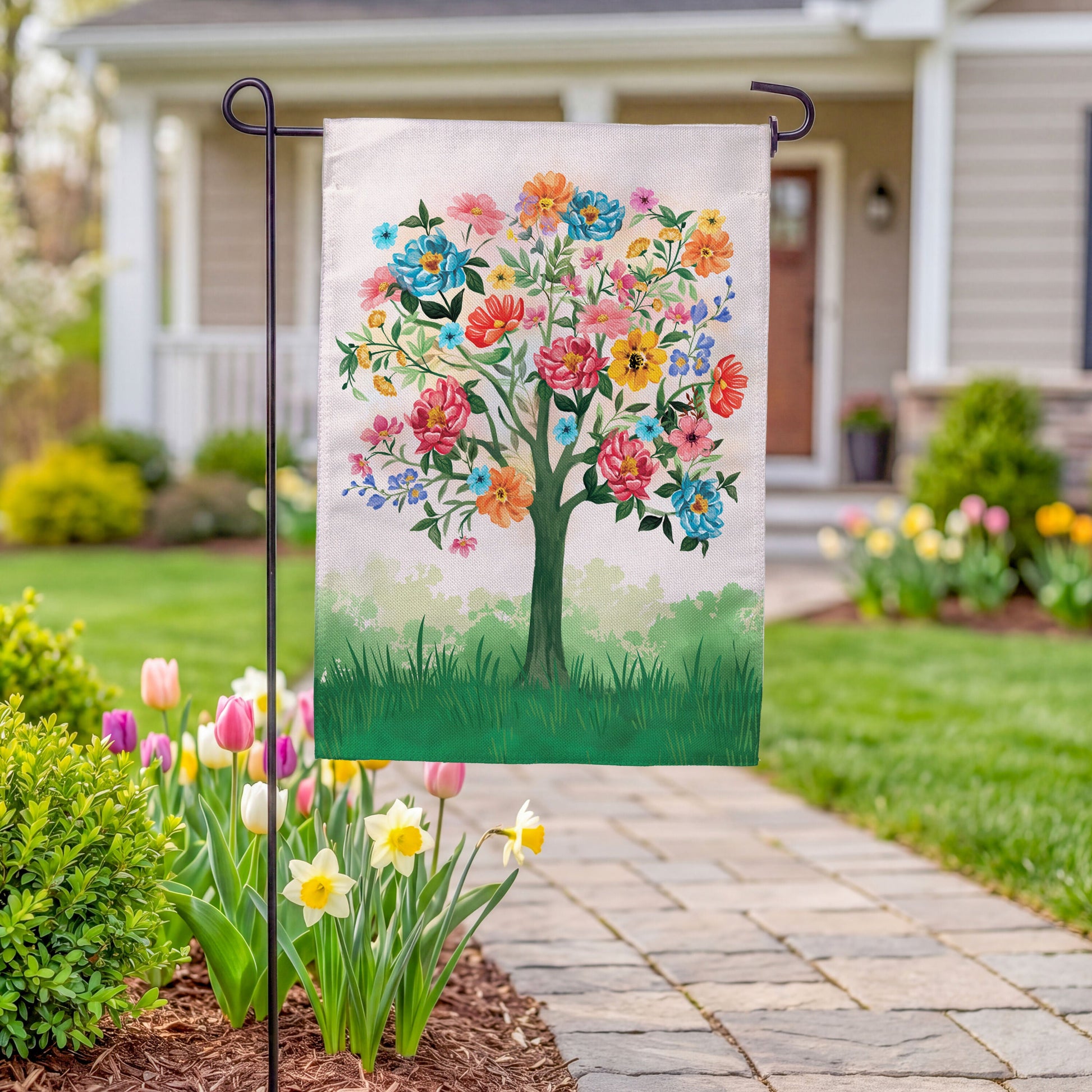 Blooming Tree of Life Burlap Garden Flag by Evergreen Enterprises with colorful floral design on Tampa Home & Garden Store