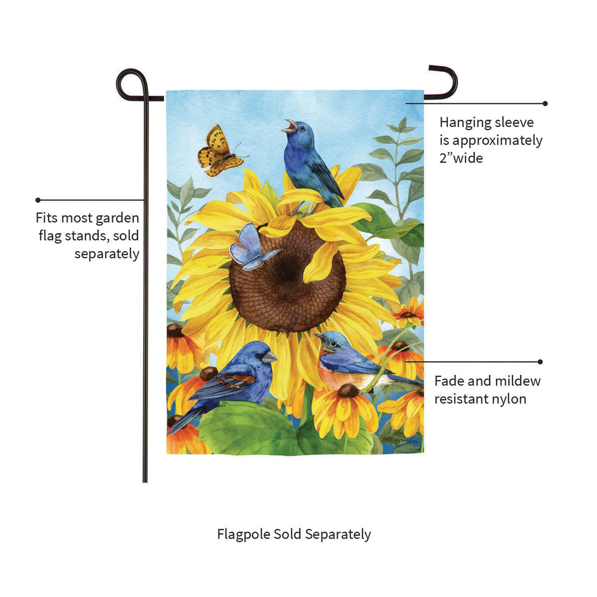 Sunflower Glory Suede Garden Flag sunflowers and bluebirds Evergreen on Tampa Home & Garden Store