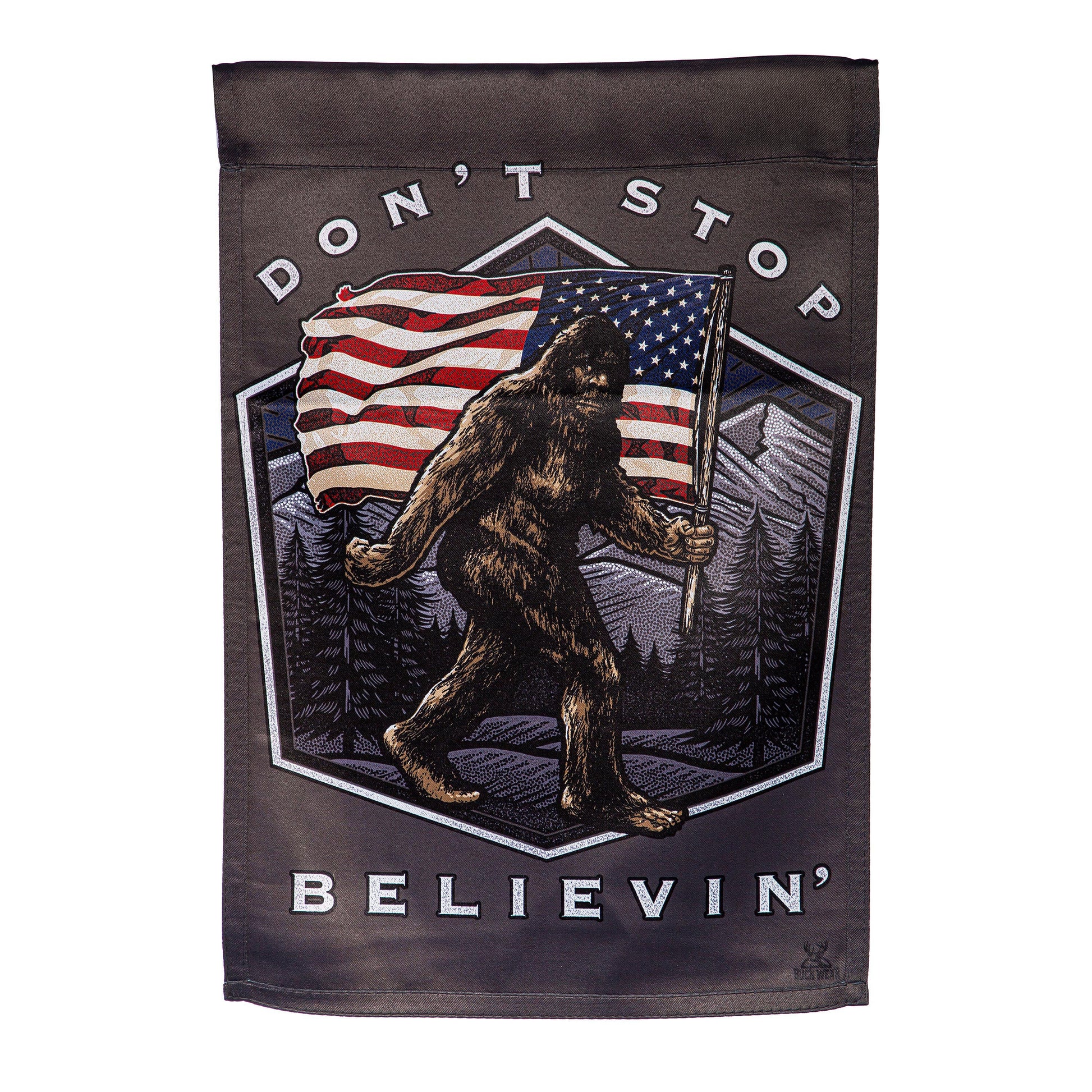 Suede flag Don't Stop Believin' with bear and American flag, Evergreen Enterprises on Tampa Home & Garden Store