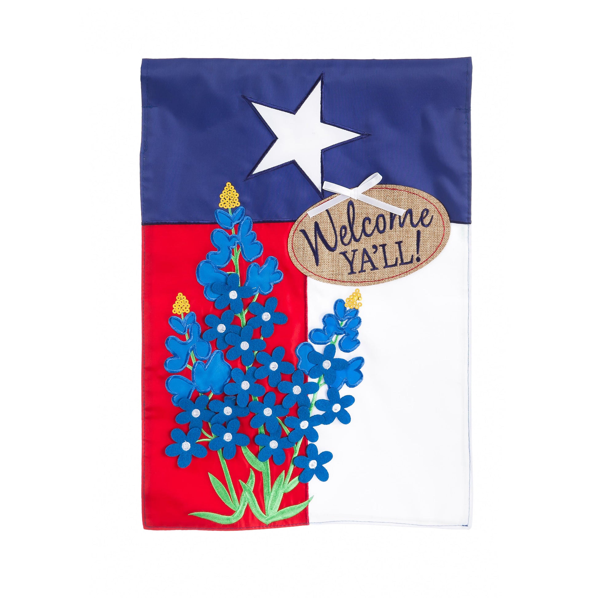Texas Blue Bonnets Garden Applique Flag with blue field, star, burlap Welcome Ya'll patch on Tampa Home & Garden Store