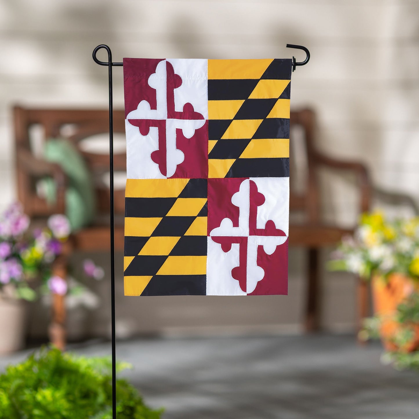 Maryland state flag applique garden flag maroon panel with white cross bottony and diagonal panel on Tampa Home & Garden Store