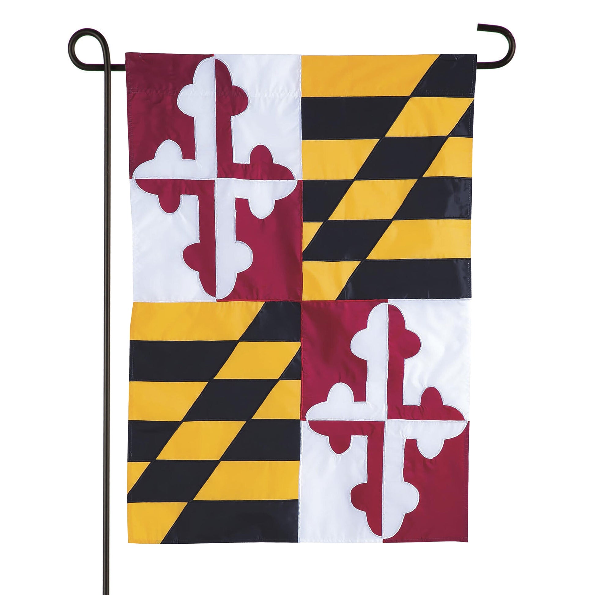 Maryland state flag garden applique flag with burgundy/white cross and gold/black diagonals on Tampa Home & Garden Store