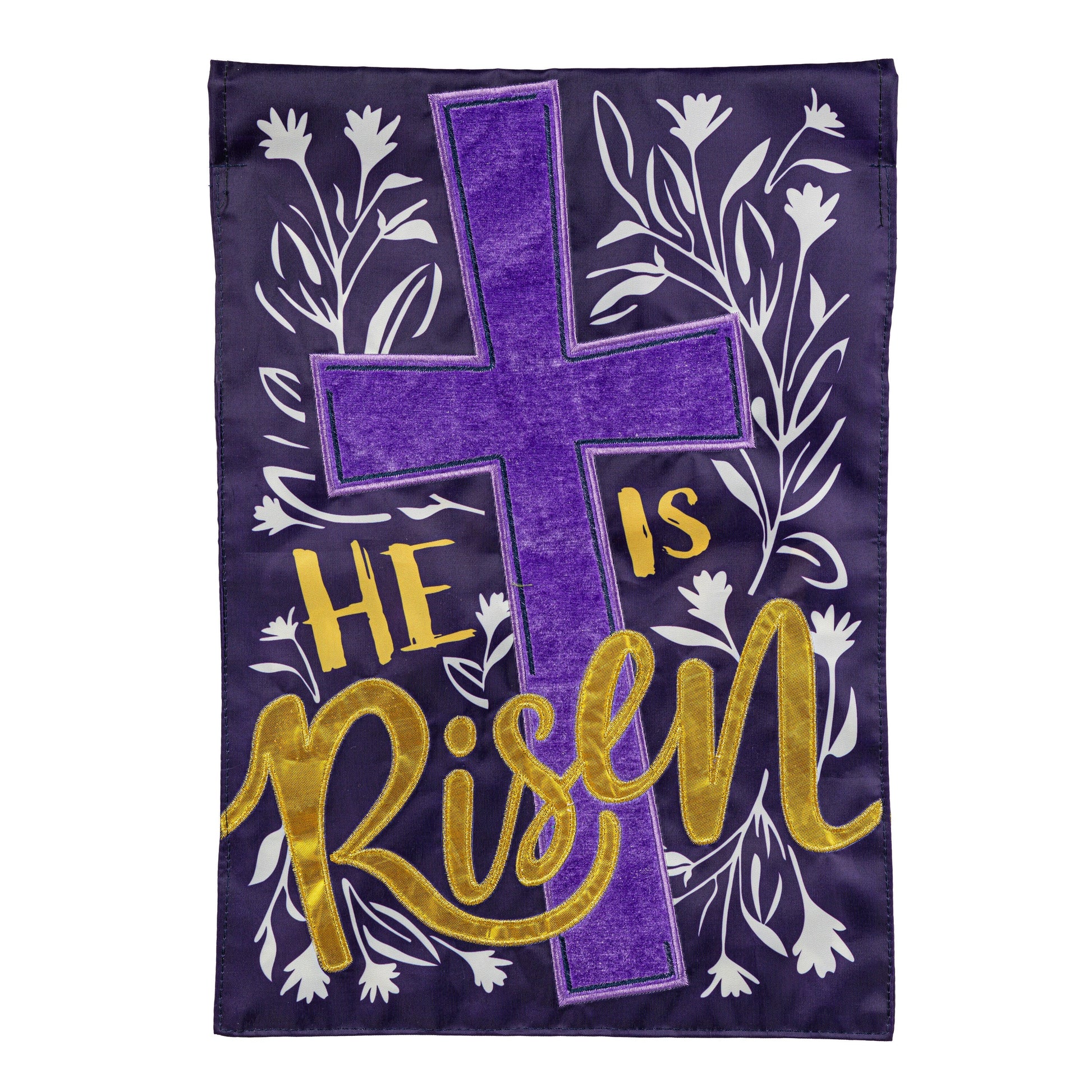 He Is Risen Applique Garden Flag with purple background, gold script and cross accent on Tampa Home & Garden Store
