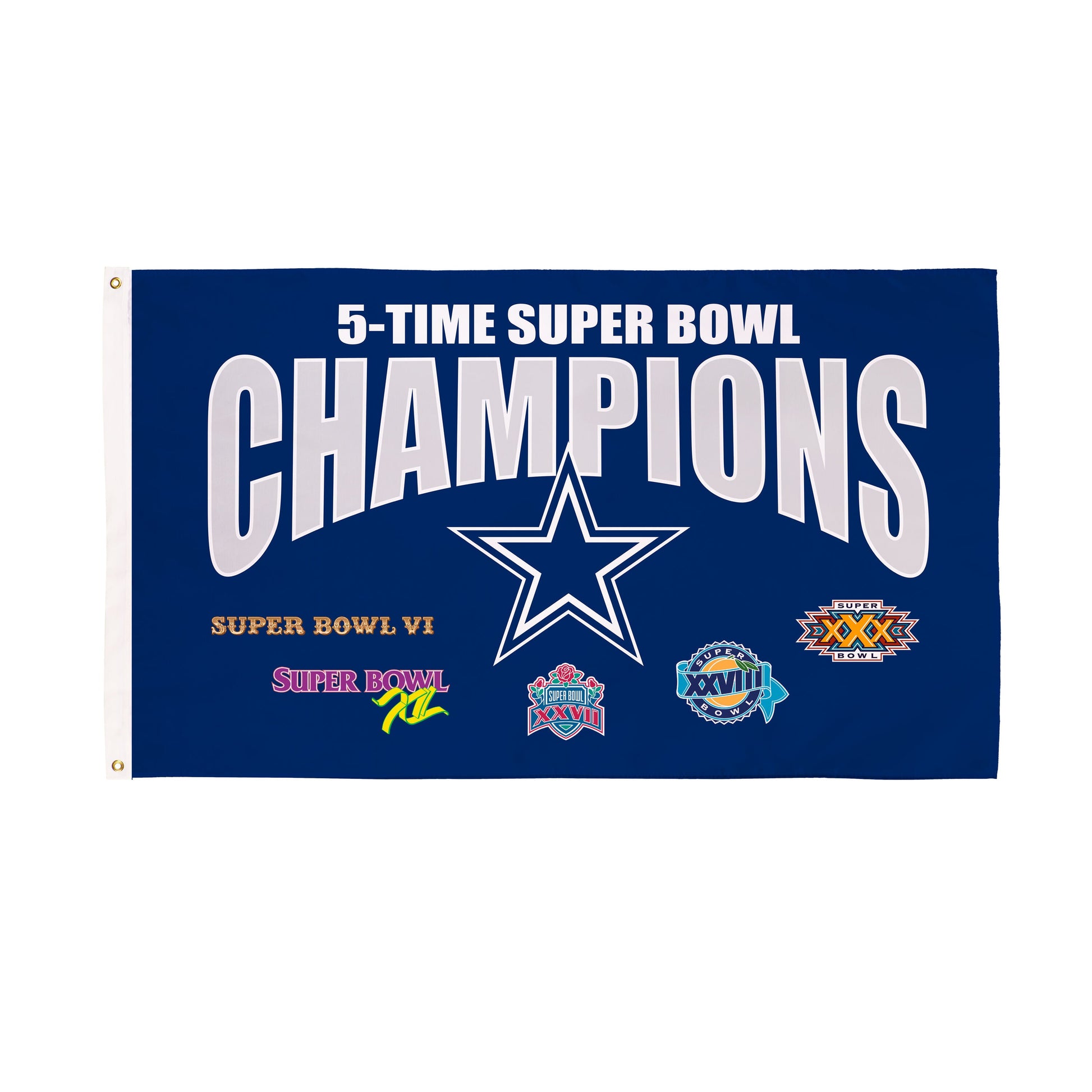 Sublimated flag Dallas Cowboys 5x CHAMPIONS blue banner with white CHAMPIONS text and star on Tampa Home & Garden Store