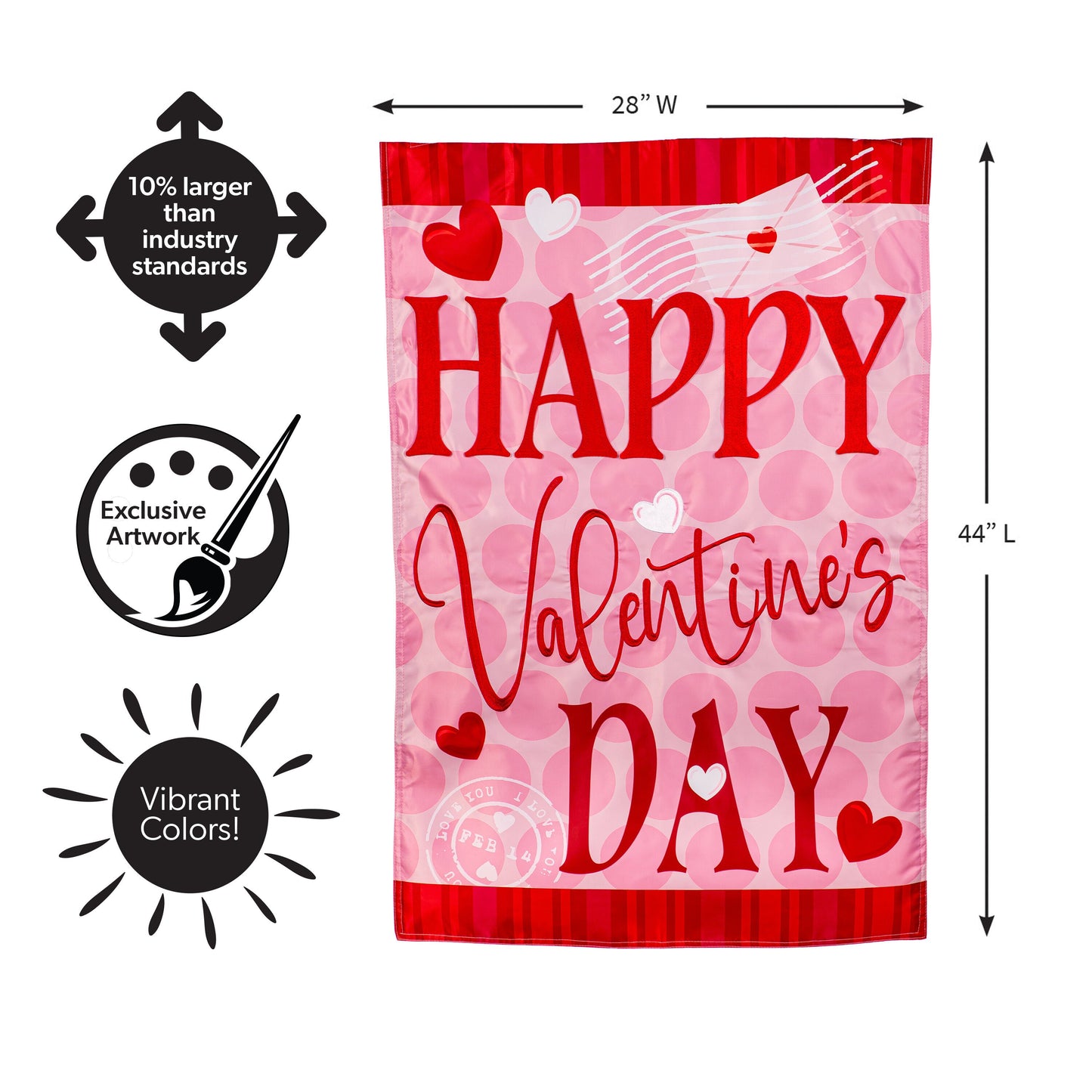 Happy Valentine's Day Hearts Applique House Flag pink with red hearts Evergreen Enterprises on Tampa Home & Garden Store