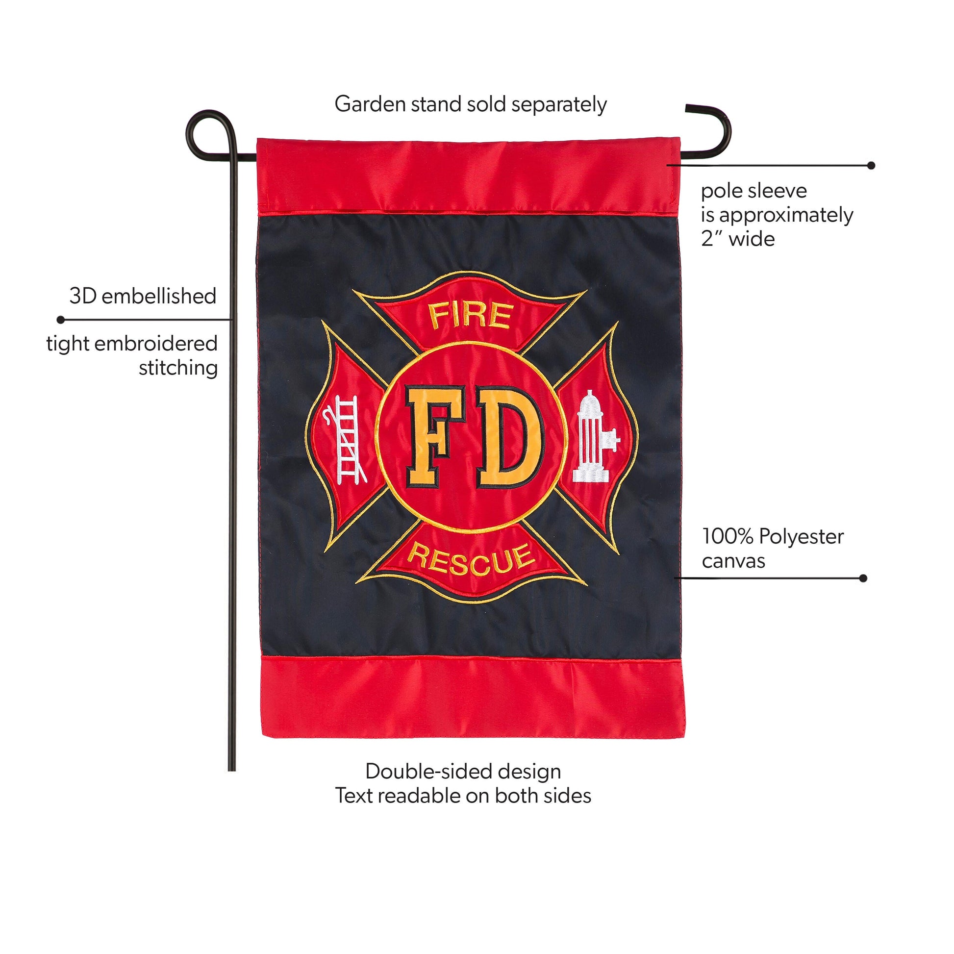 Fire Department Garden Applique Flag navy field with red header polyester canvas on Tampa Home & Garden Store