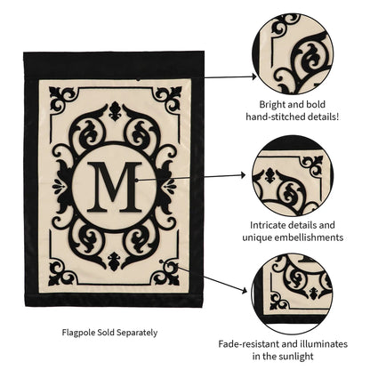 Cambridge Monogram Garden Applique Flag Letter M with cream panel and black scrollwork border on Tampa Home & Garden Store