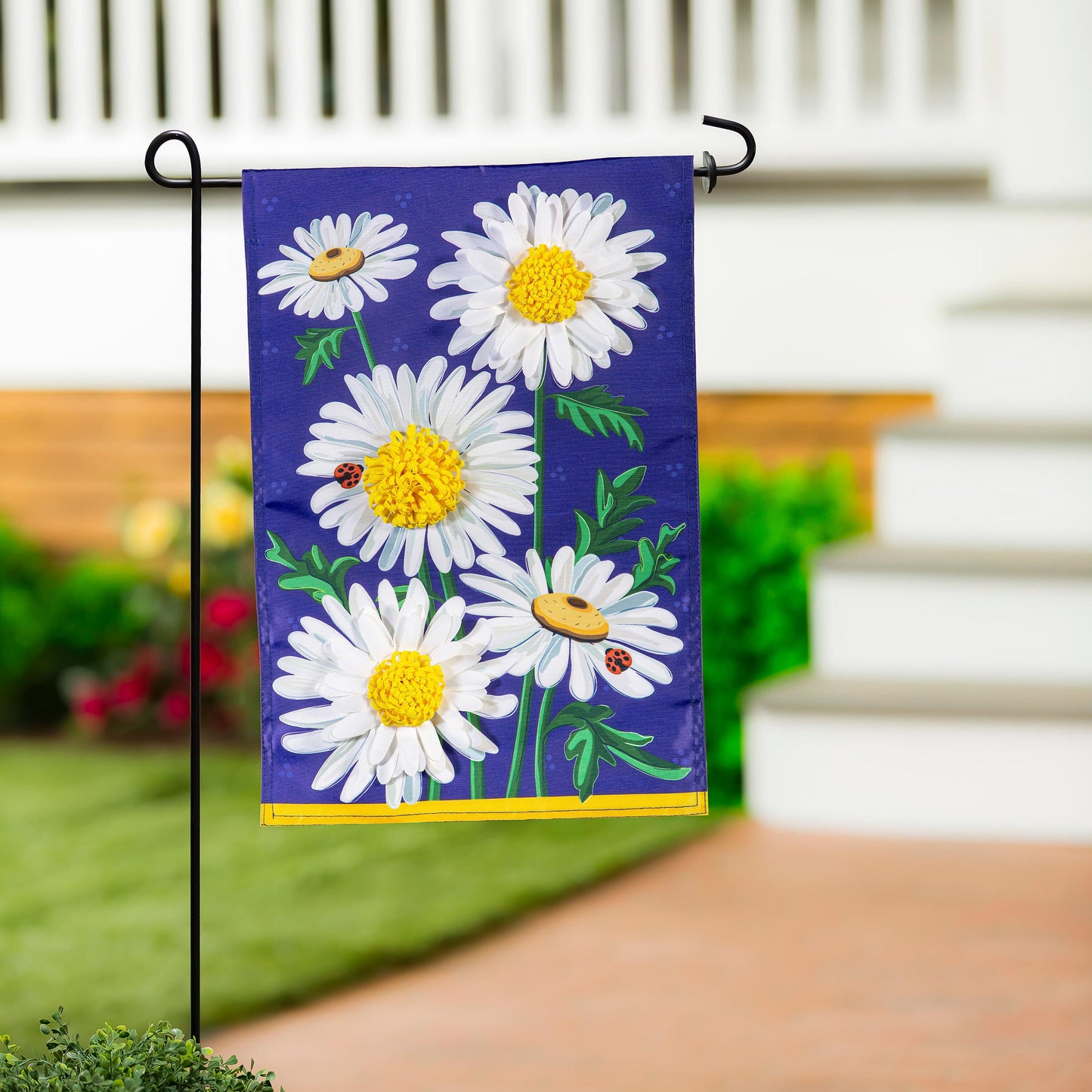 Daisy Days Applique Garden Flag featuring white daisies with yellow centers on purple background on Tampa Home & Garden Store