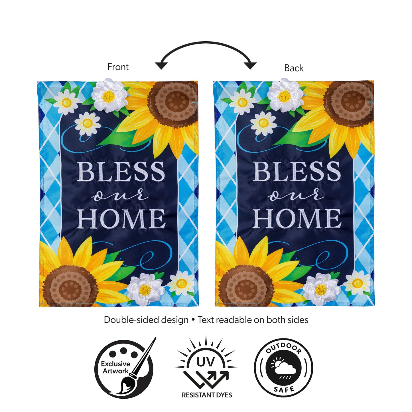 Bless Our Home Sunflowers Applique Garden Flag, double-sided with daisies on blue background, on Tampa Home & Garden Store