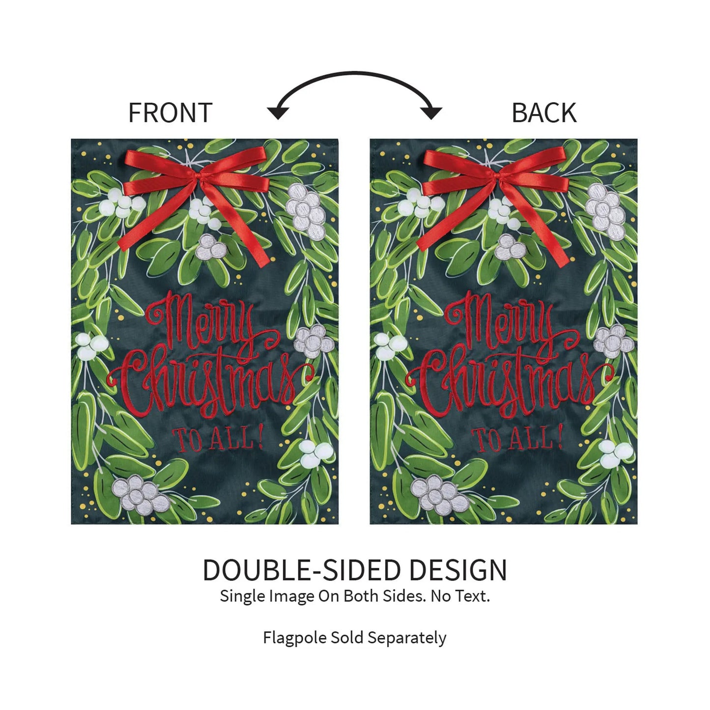 Merry Christmas Mistletoe Applique Flag double-sided design with green holly leaves and red bow on Tampa Home & Garden Store