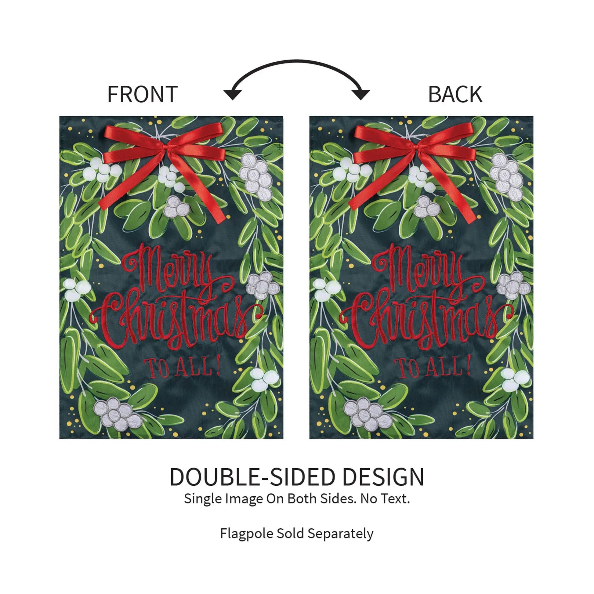 Merry Christmas Mistletoe Applique Flag double-sided design with green holly leaves and red bow on Tampa Home & Garden Store