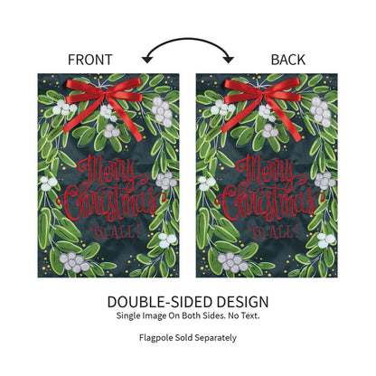 Merry Christmas Mistletoe Applique Flag double-sided design with green holly leaves and red bow on Tampa Home & Garden Store