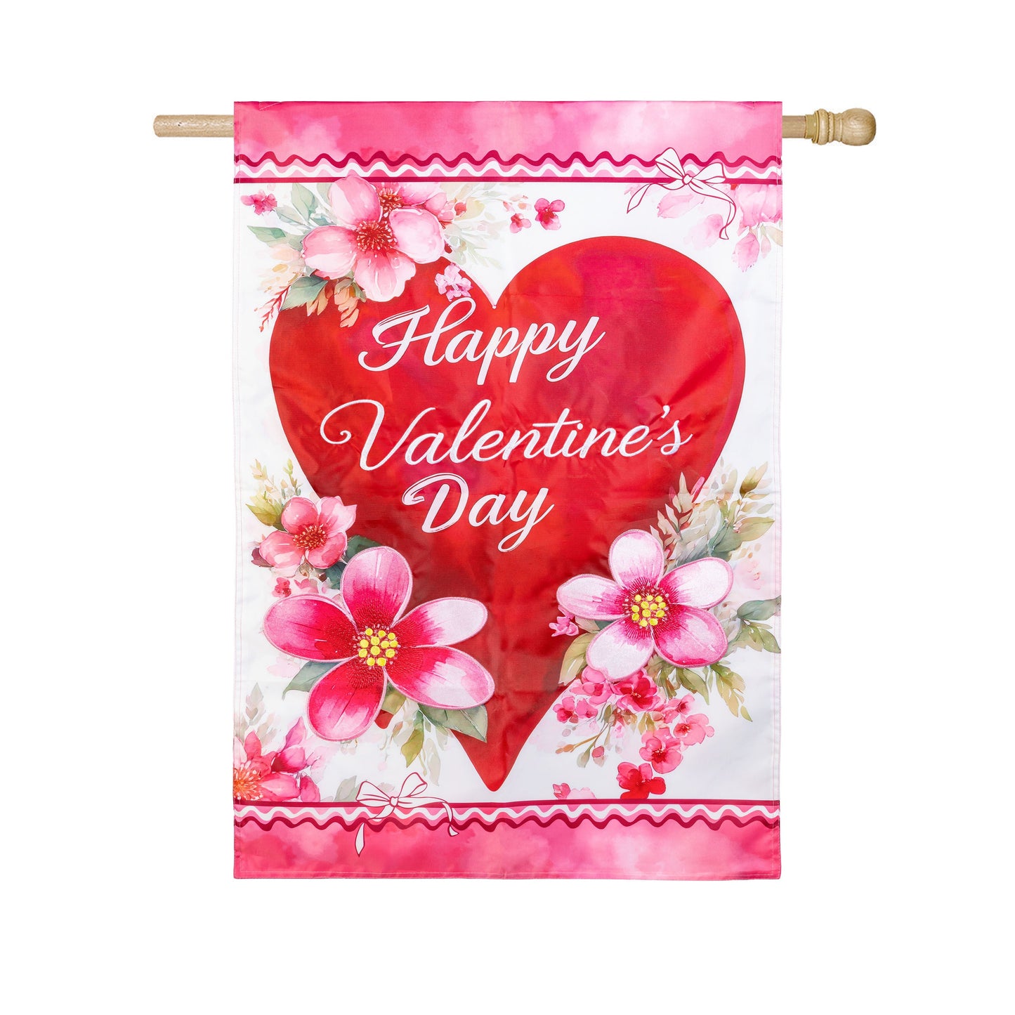 Happy Valentine’s Day Heart Applique House Flag in pink and red with floral border on Tampa Home & Garden Store