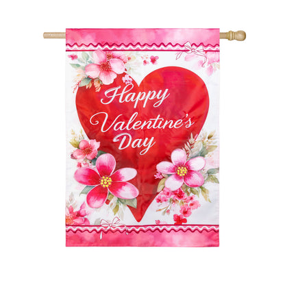 Happy Valentine’s Day Heart Applique House Flag in pink and red with floral border on Tampa Home & Garden Store