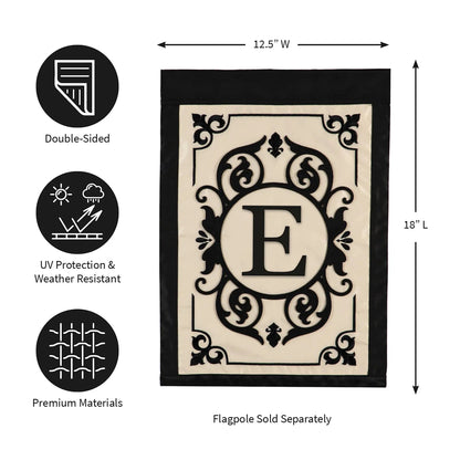 Cambridge Monogram Garden Applique Flag Letter E beige flag with black frame and E monogram on Tampa Home & Garden Store