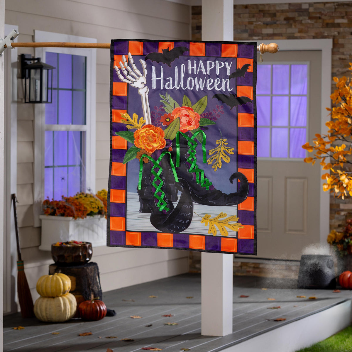 Happy Halloween Witches Boots Applique House Flag with purple background and bats on Tampa Home & Garden Store