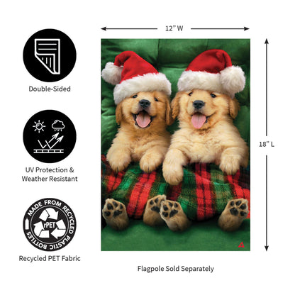 Cozy Goldies Lustre Garden Flag with two golden retrievers in Santa hats on plaid background on Tampa Home & Garden Store