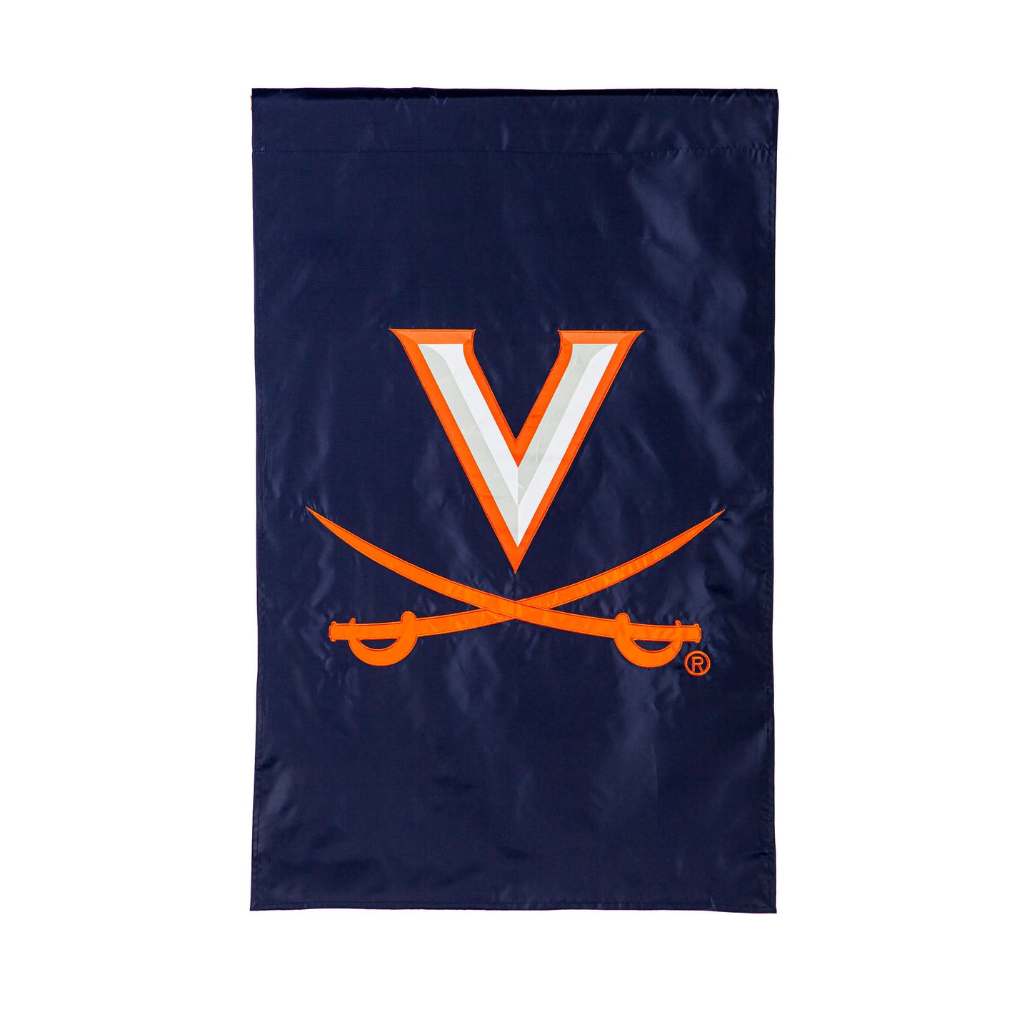 University of Virginia applique house flag navy blue with bright orange and white V emblem on Tampa Home & Garden Store