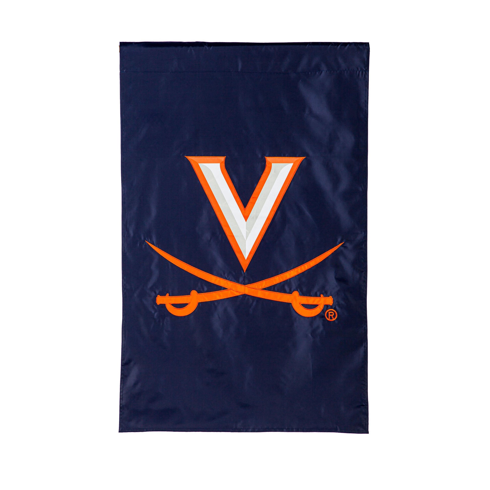 University of Virginia applique house flag navy blue with bright orange and white V emblem on Tampa Home & Garden Store