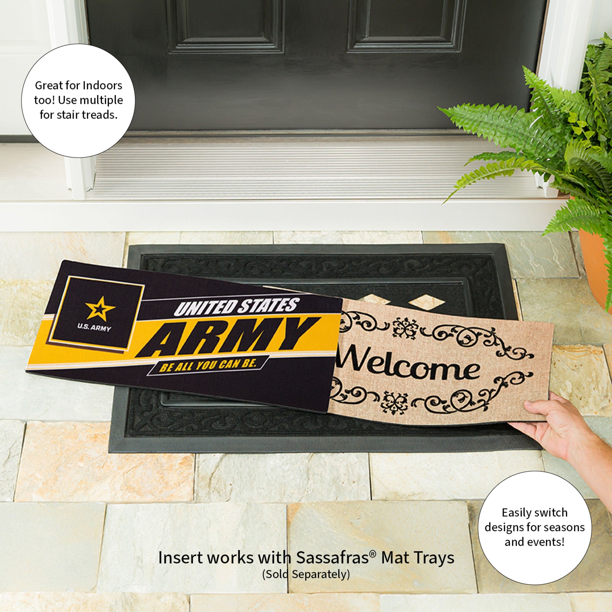 Sassafras Mat Army burlap flags door mats with bold US Army logo on Tampa Home & Garden Store
