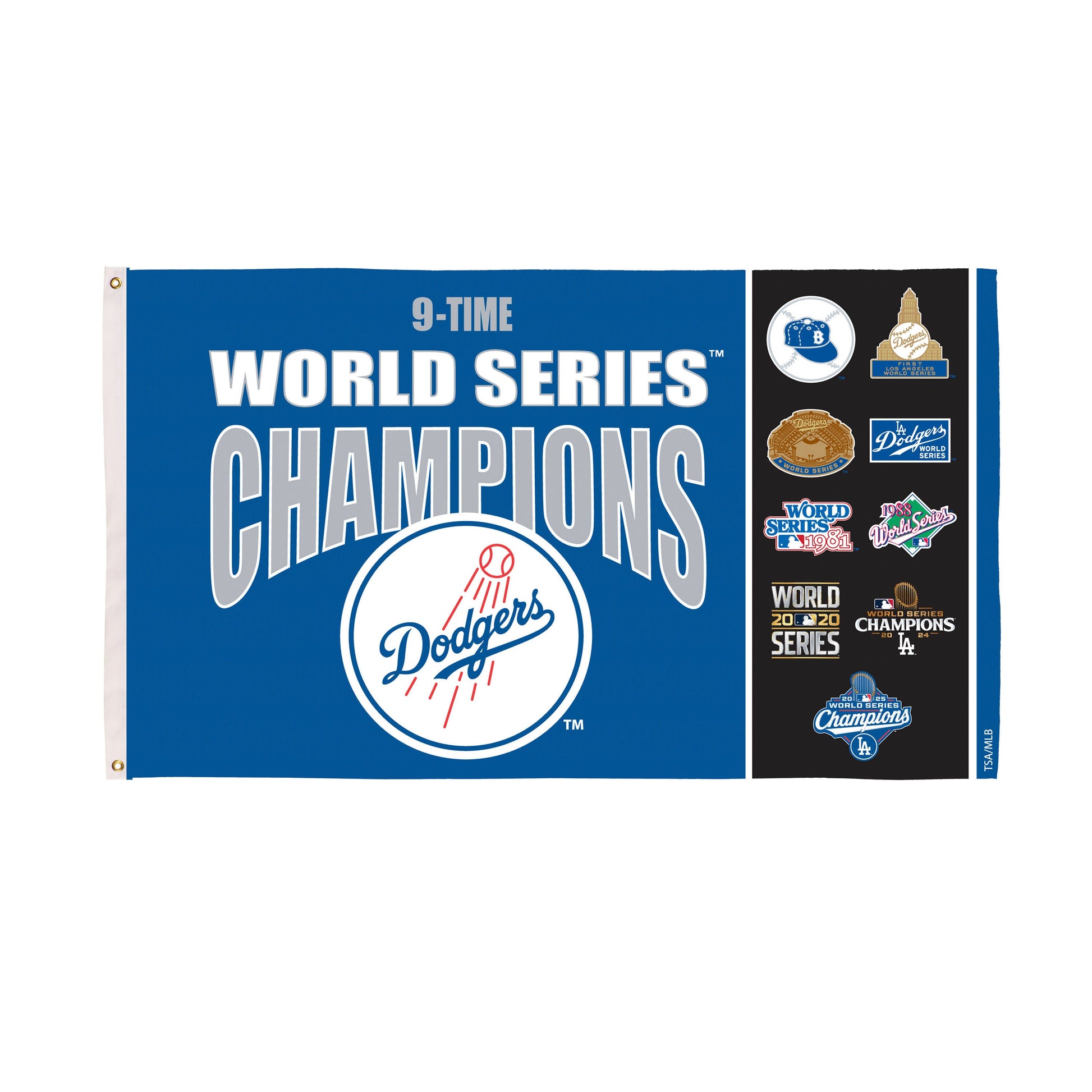 Dodgers 3x5 flag, single-sided blue sublimated, 2 grommets, World Series Champions graphics on Tampa Home & Garden Store
