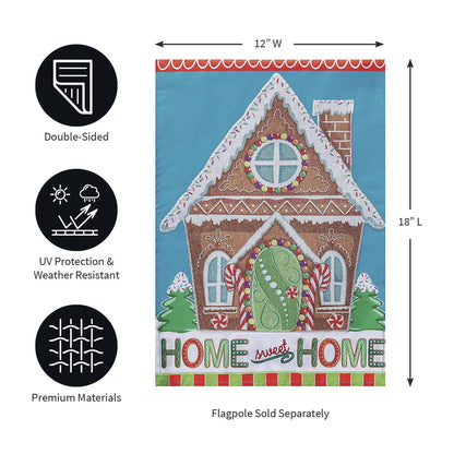 Gingerbread Home Sweet Home applique flag by Evergreen Enterprises, blue backdrop on Tampa Home & Garden Store