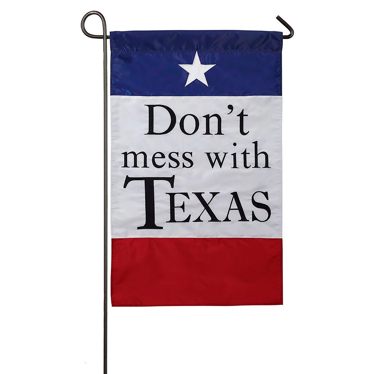Don't Mess With Texas garden applique flag with blue top stripe, white field and red bottom on Tampa Home & Garden Store