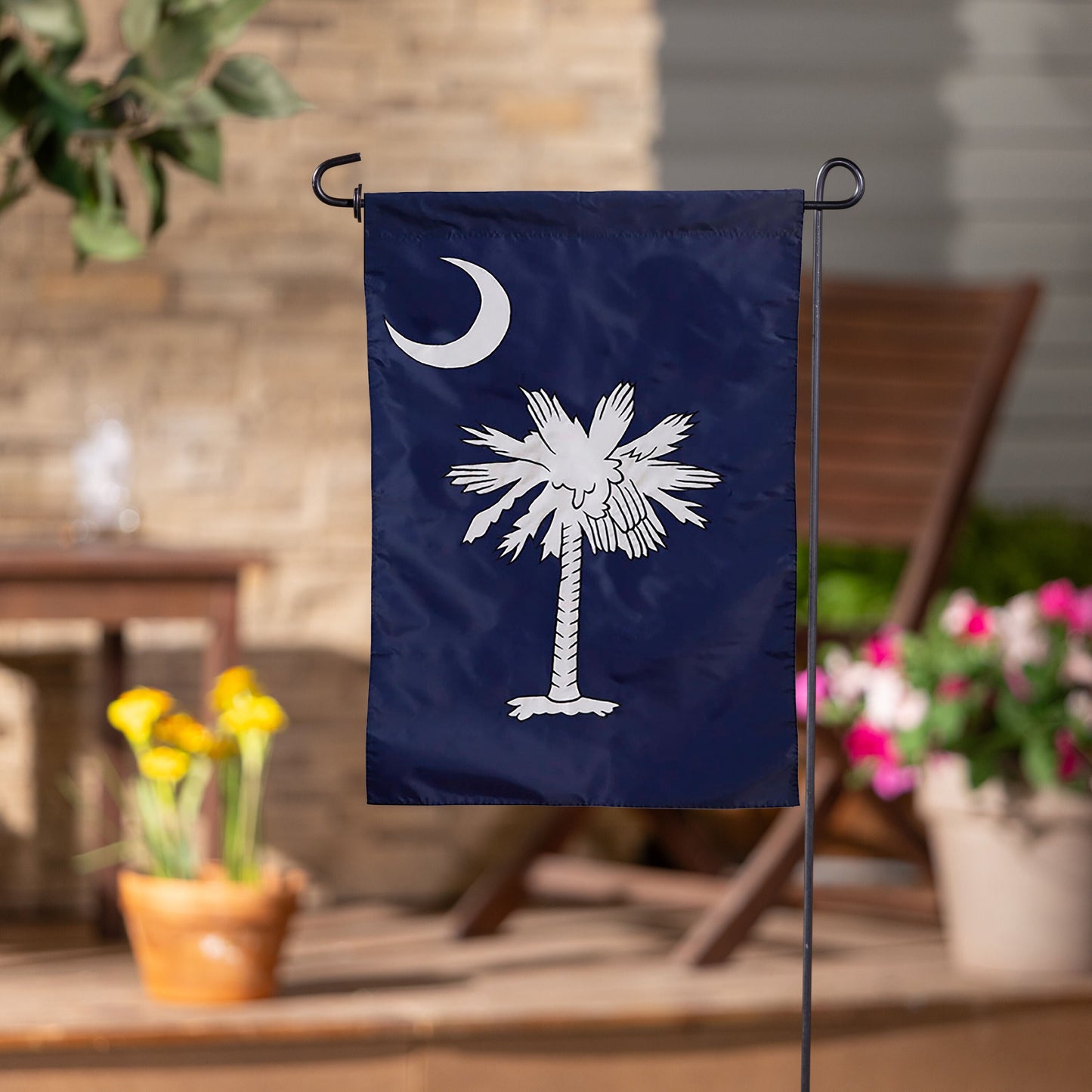 South Carolina Garden Applique Flag navy blue with white crescent and palm tree on Tampa Home & Garden Store