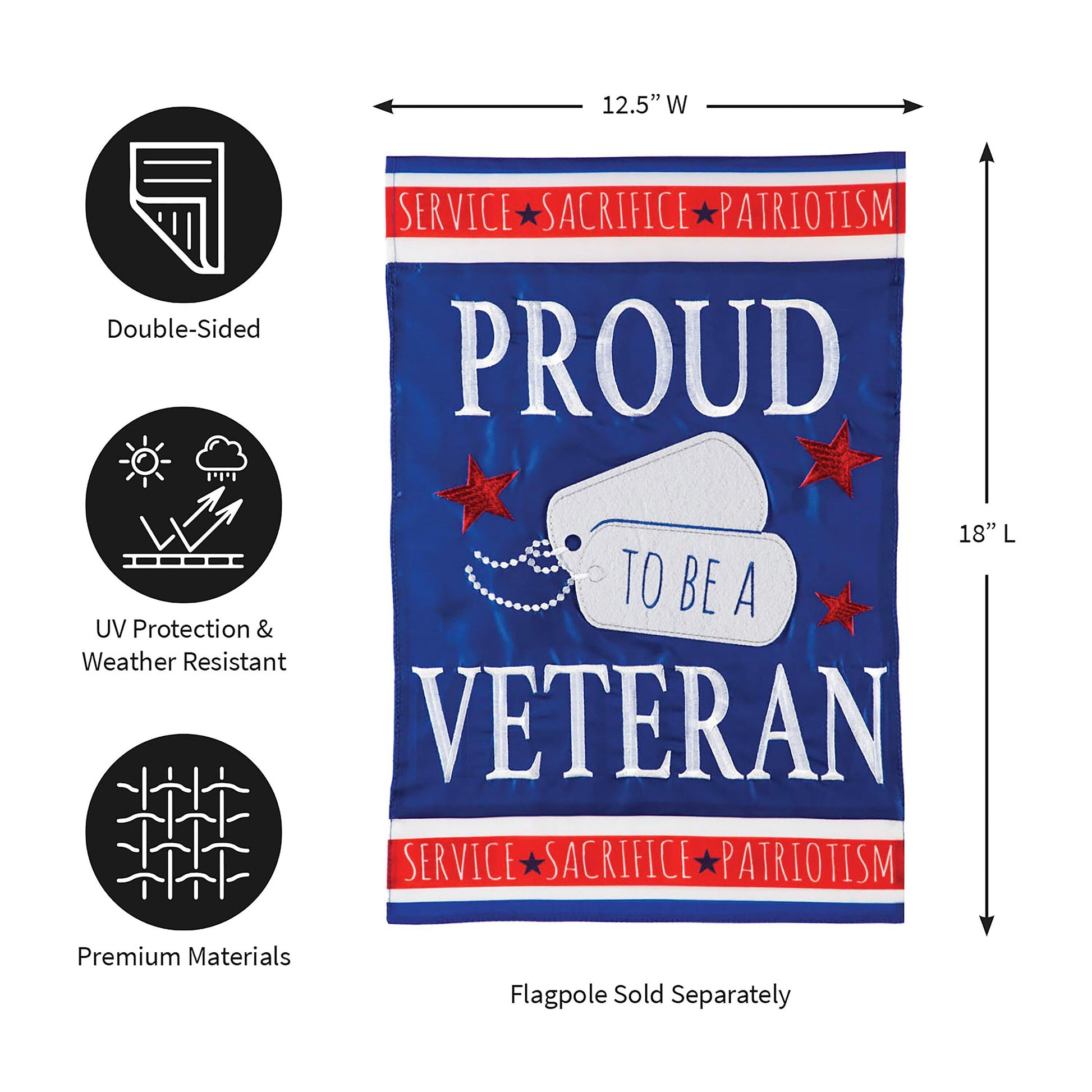 Proud Veteran Garden Applique Flag, double-sided, red white blue patriotic design on Tampa Home & Garden Store