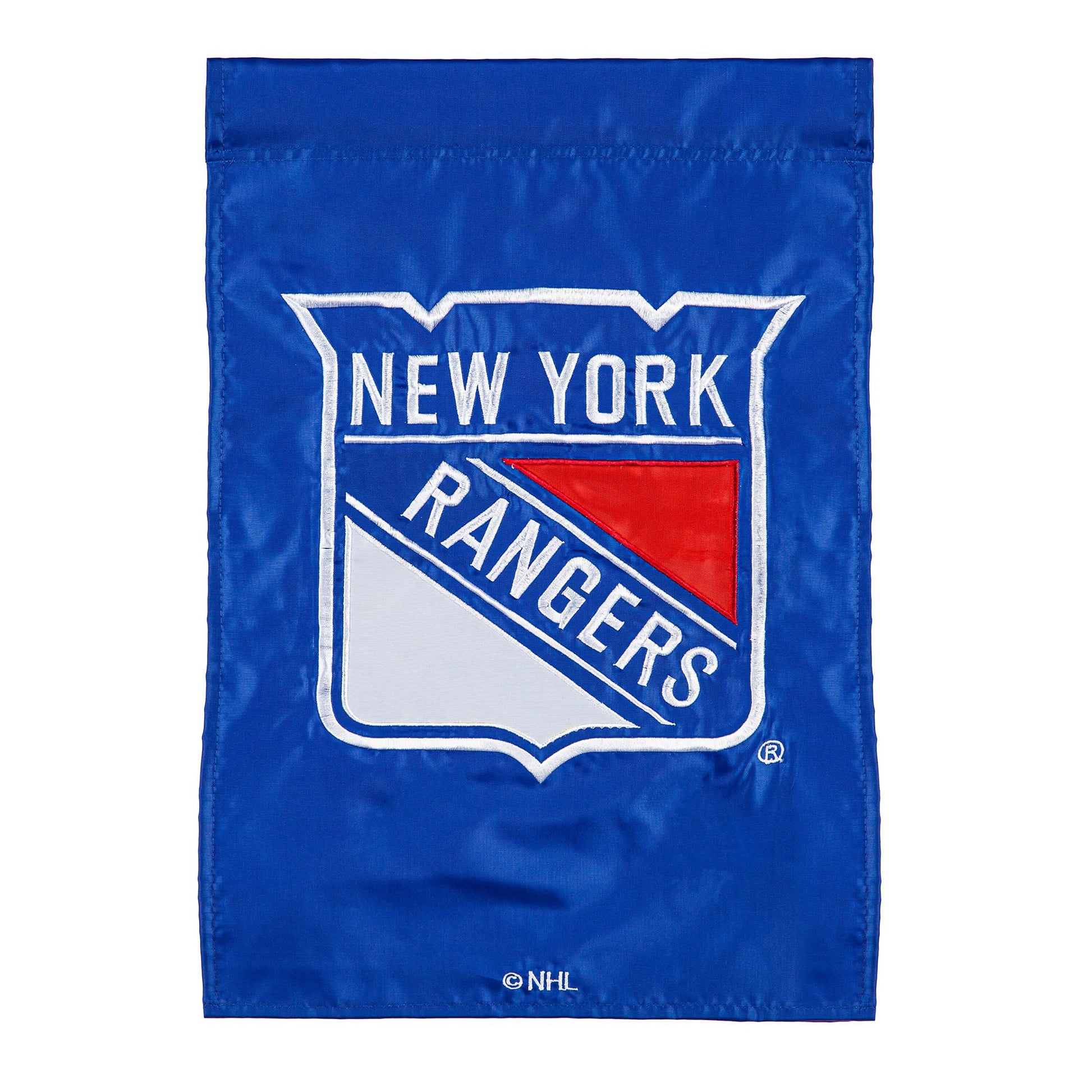 New York Rangers applique garden flag blue with white embroidered crest and NHL logo on bottom on Tampa Home & Garden Store