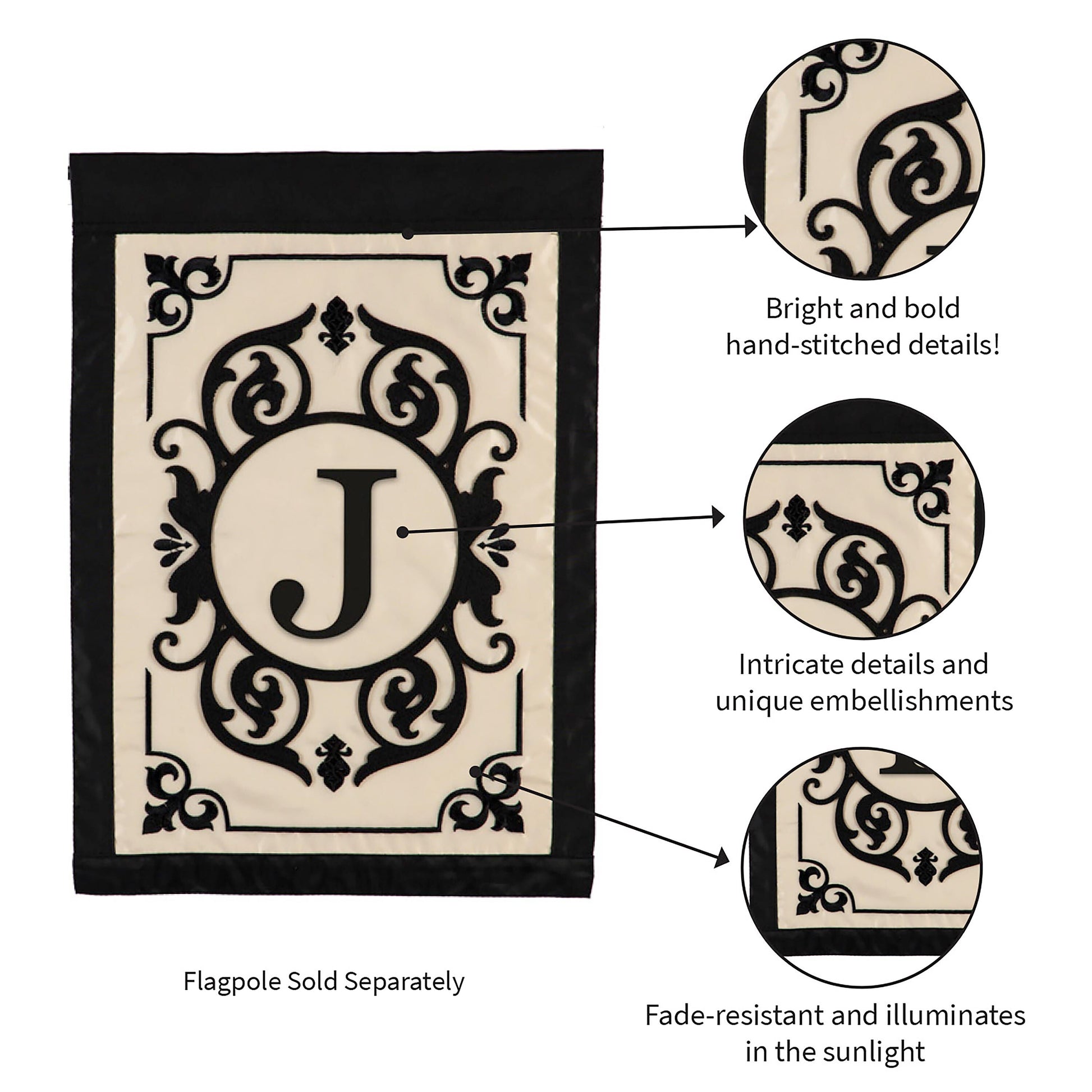 Cambridge Monogram Garden Applique Flag with letter J, cream panel and black border on Tampa Home & Garden Store