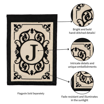 Cambridge Monogram Garden Applique Flag with letter J, cream panel and black border on Tampa Home & Garden Store