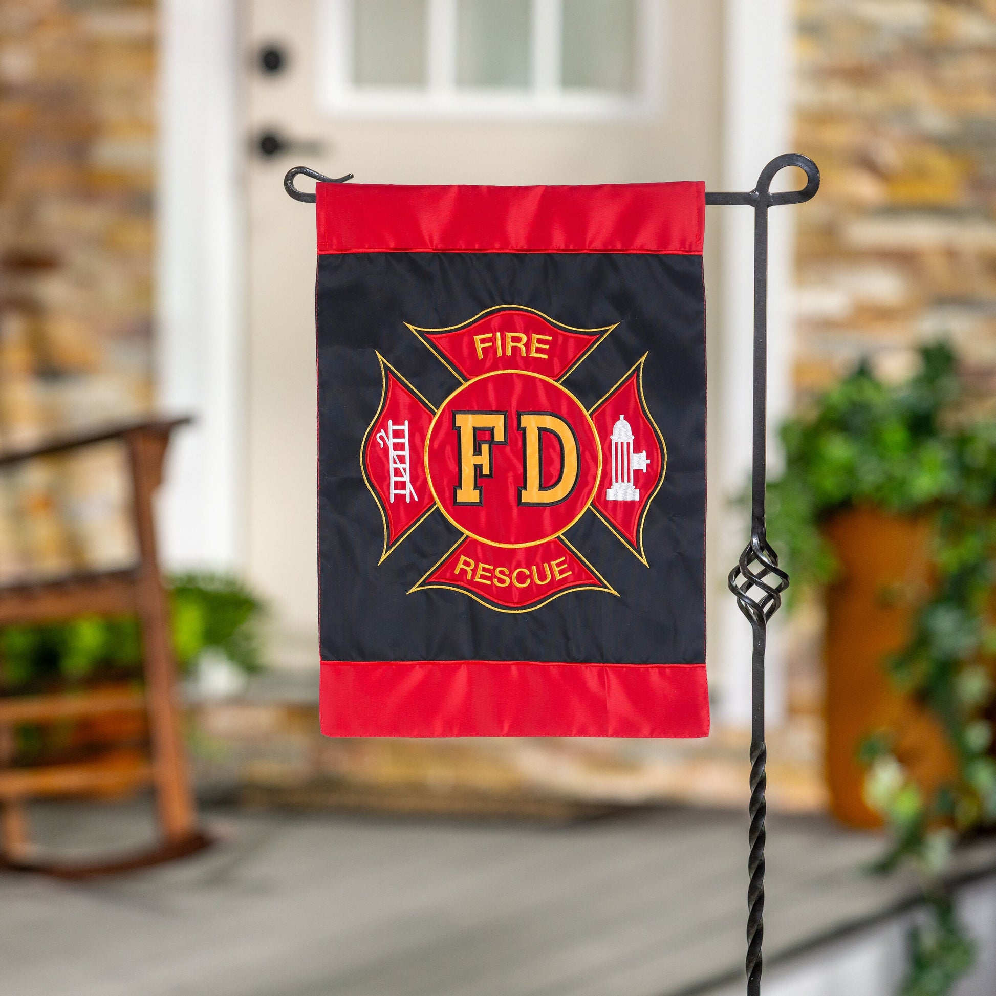 Fire Department Garden Applique Flag red and black with firefighter emblem for outdoor use on Tampa Home & Garden Store