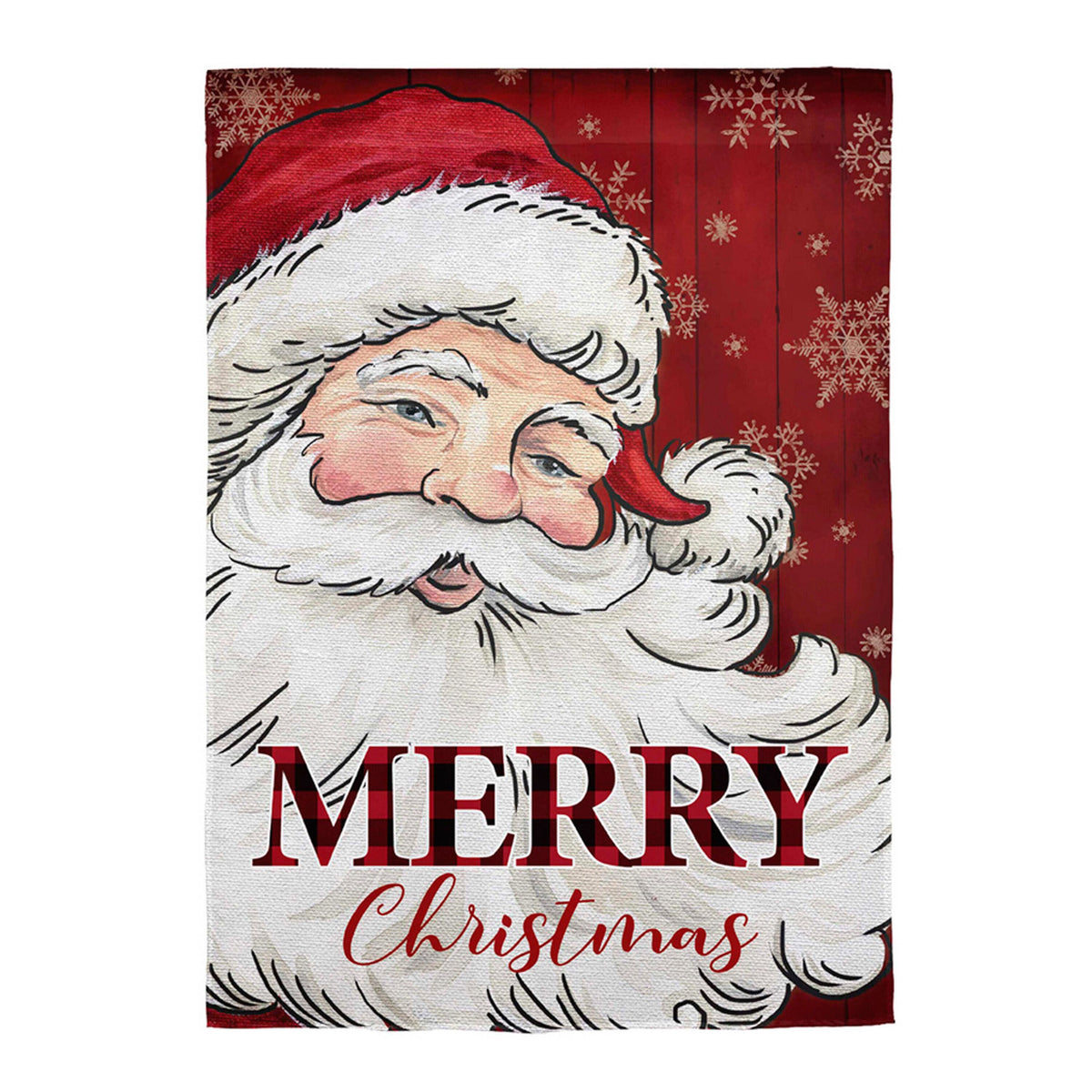 Cheerful Santa Applique House Flag red background with Santa face and snowflakes Flags on Tampa Home & Garden Store
