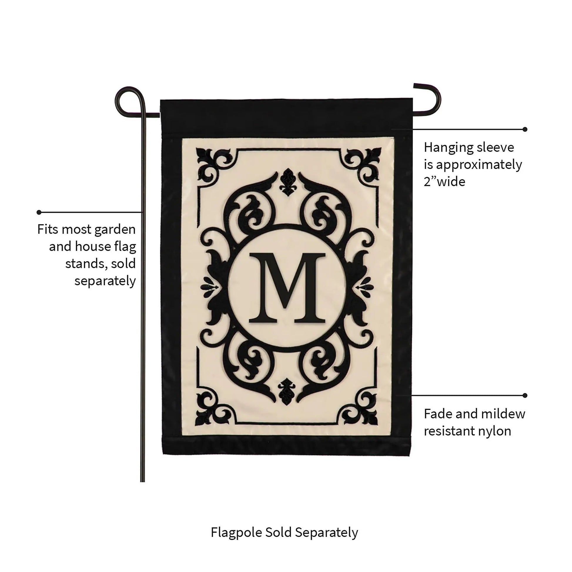 Cambridge Monogram Garden Applique Flag M with cream center ornate black M on black border on Tampa Home & Garden Store