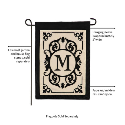 Cambridge Monogram Garden Applique Flag M with cream center ornate black M on black border on Tampa Home & Garden Store