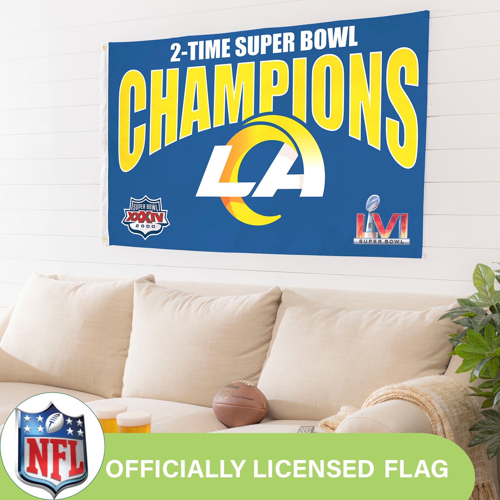LA Rams 3x5 sublimated flag blue with yellow CHAMPIONS text Evergreen Enterprises on Tampa Home & Garden Store