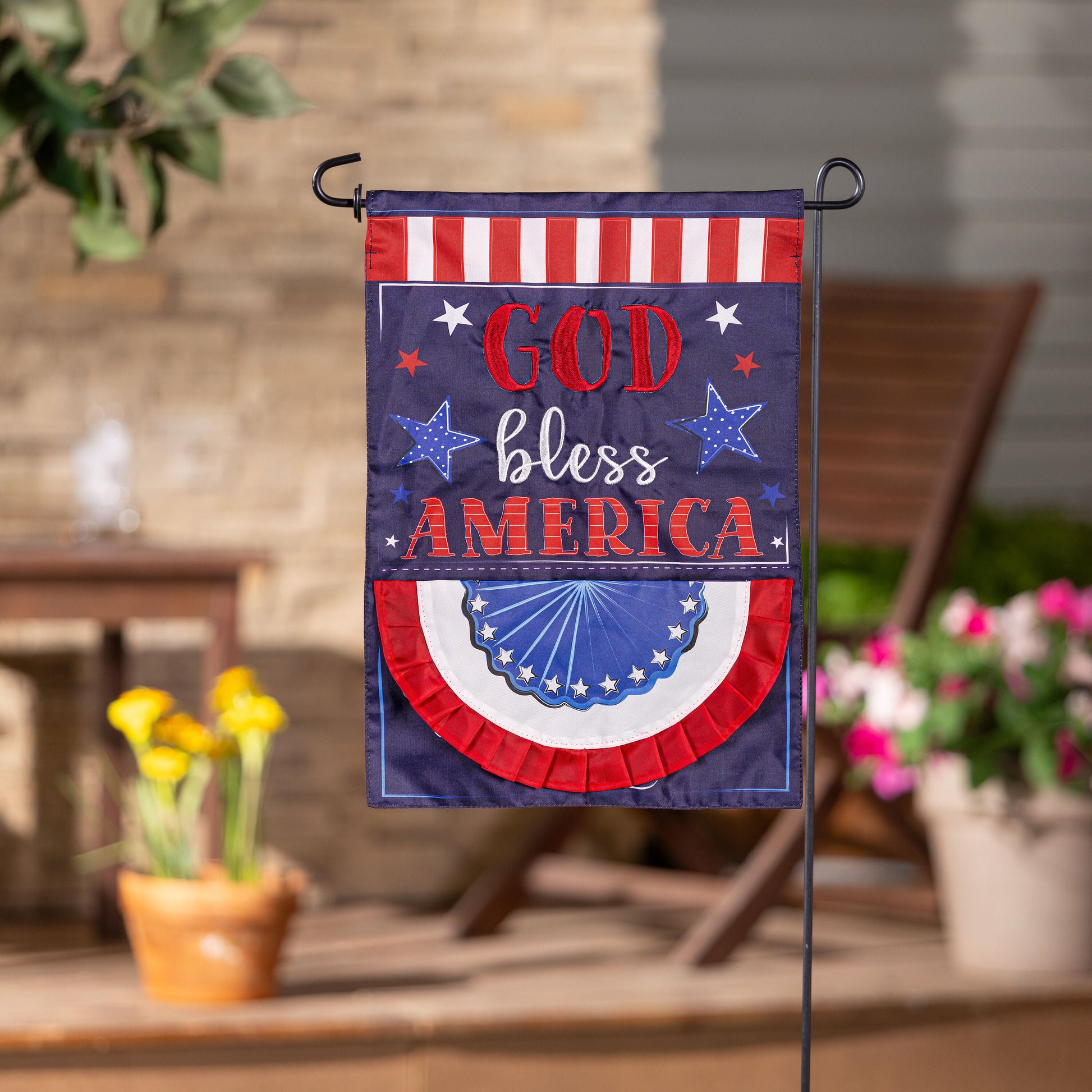 God Bless America applique garden flag on metal stand with red white stripes and blue field on Tampa Home & Garden Store