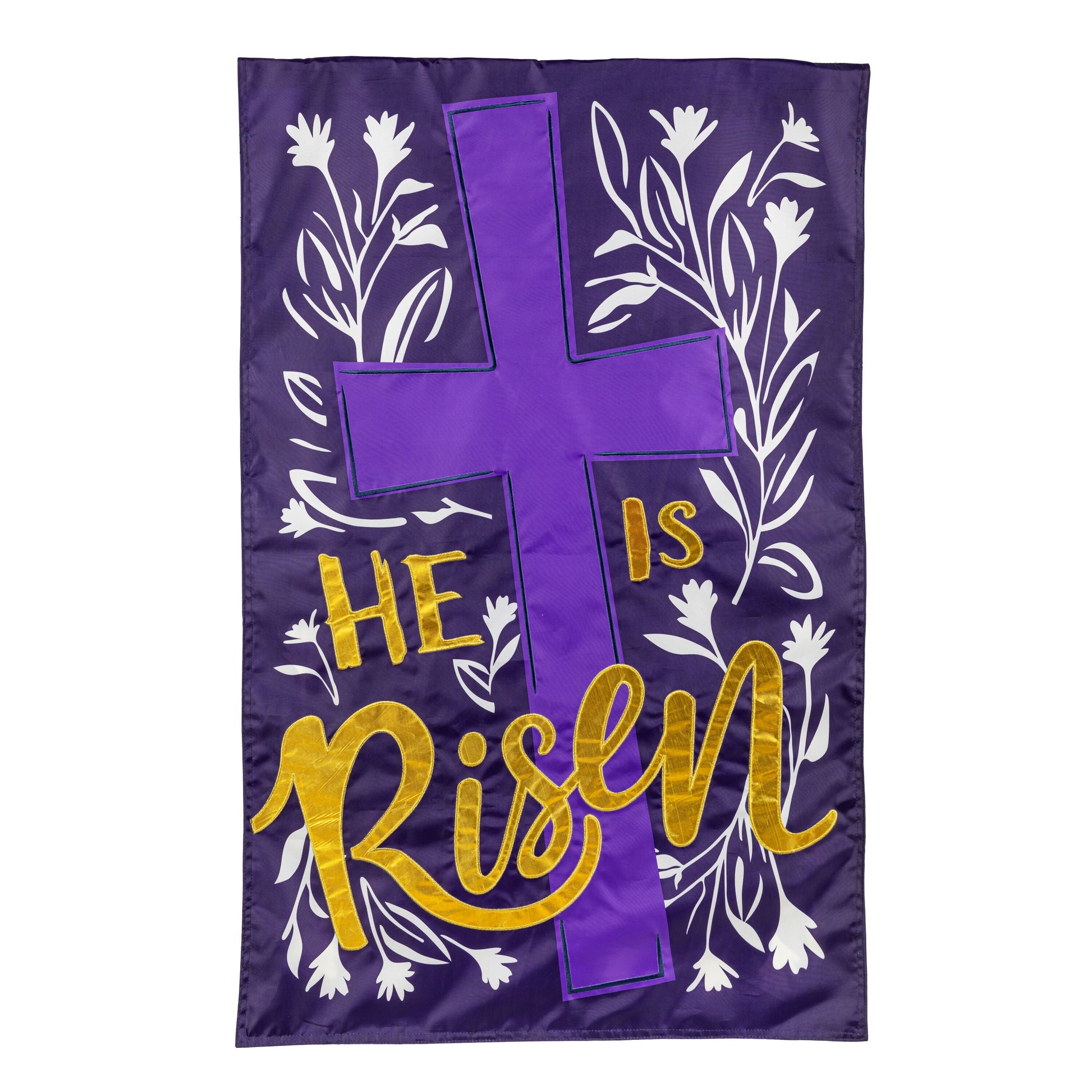 He Is Risen applique house flag purple with white floral motif and gold lettering on Tampa Home & Garden Store