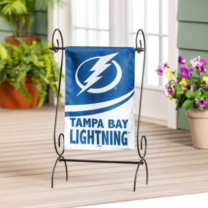 Burlap garden flag Tampa Bay Lightning by Evergreen Enterprises blue with white bolt on stand on Tampa Home & Garden Store