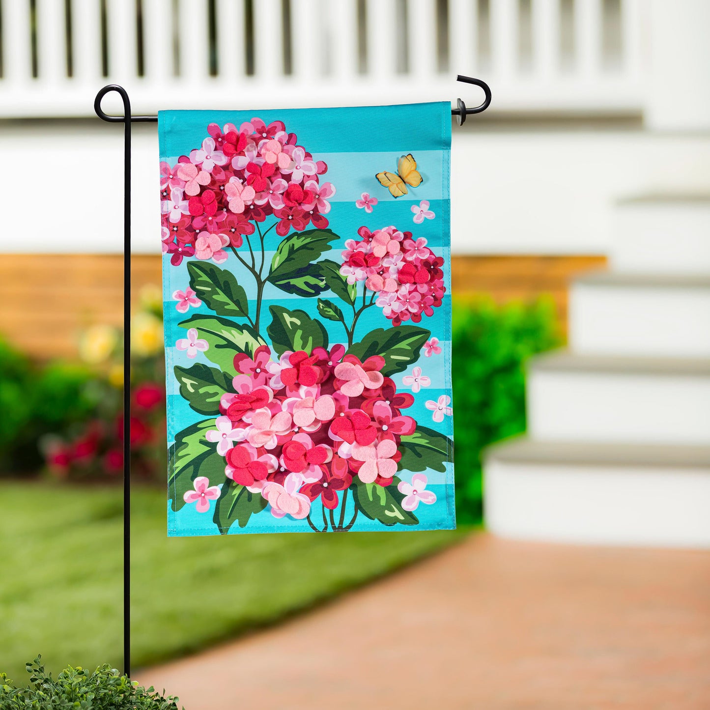 Pink Hydrangeas Applique Garden Flag turquoise background with butterfly on black metal stake on Tampa Home & Garden Store