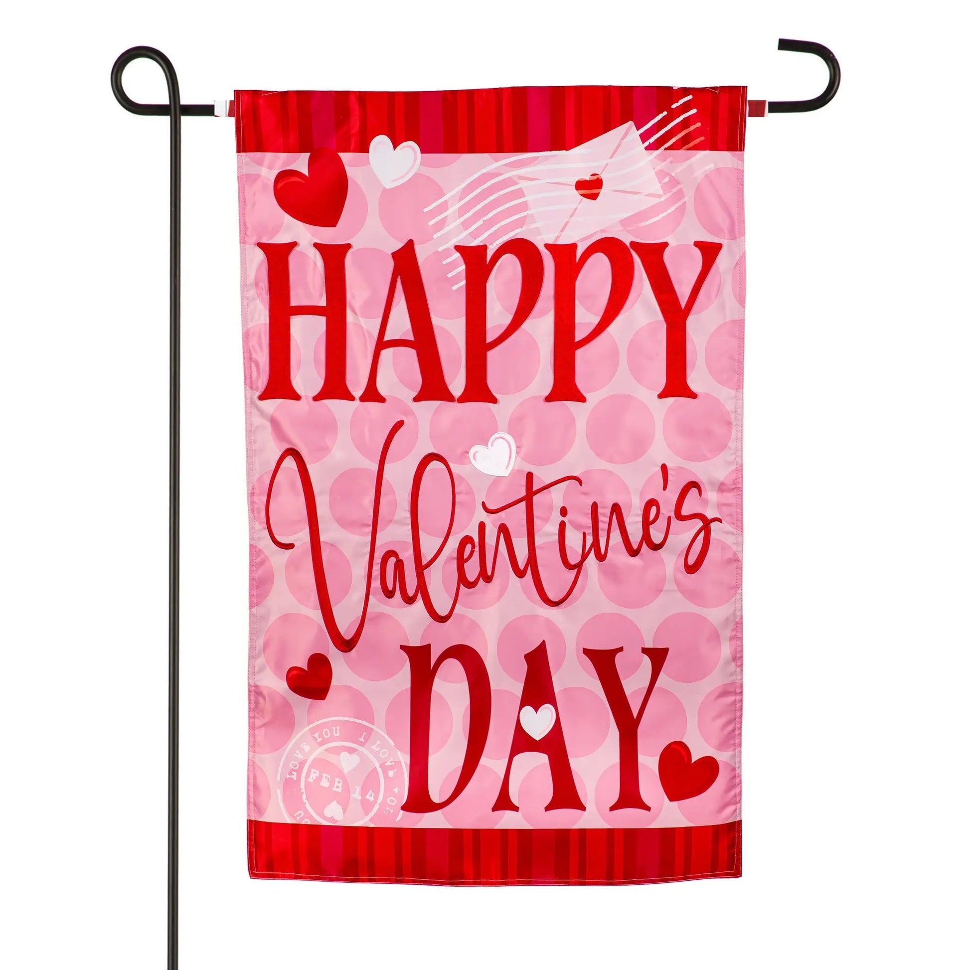 Happy Valentine's Day Hearts Applique Garden Flag Evergreen Enterprises pink hearts design on Tampa Home & Garden Store