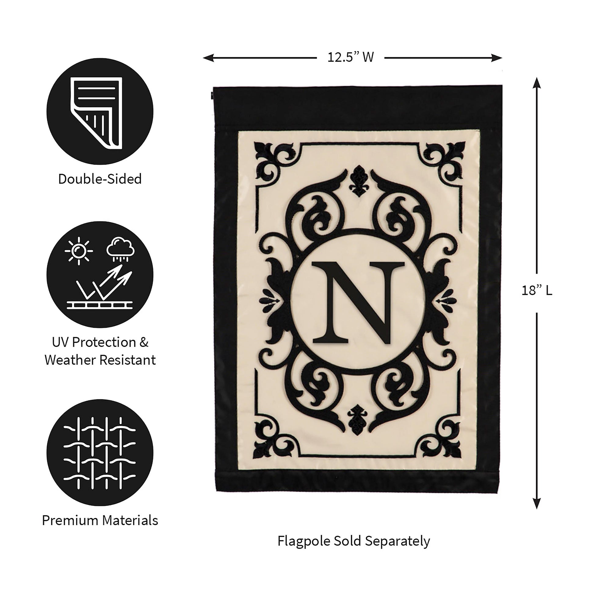 Cambridge Monogram Garden Applique Flag Letter N beige panel with black N border double-sided on Tampa Home & Garden Store