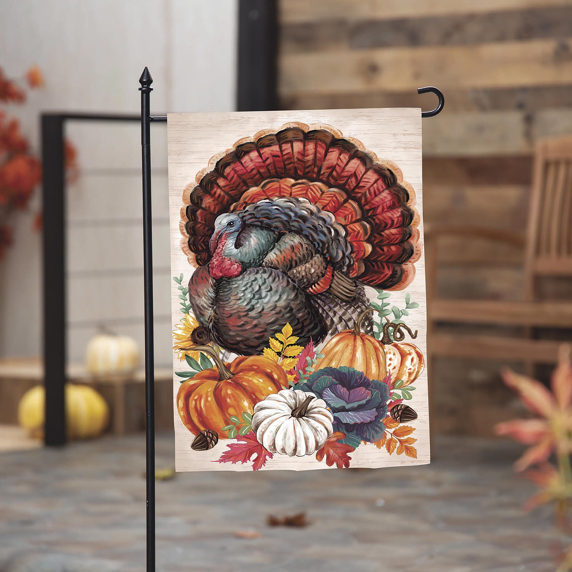 Elaborate Turkey Applique Garden Flag multicolor turkey with pumpkins on Tampa Home & Garden Store