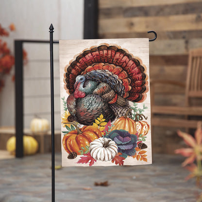 Elaborate Turkey Applique Garden Flag multicolor turkey with pumpkins on Tampa Home & Garden Store
