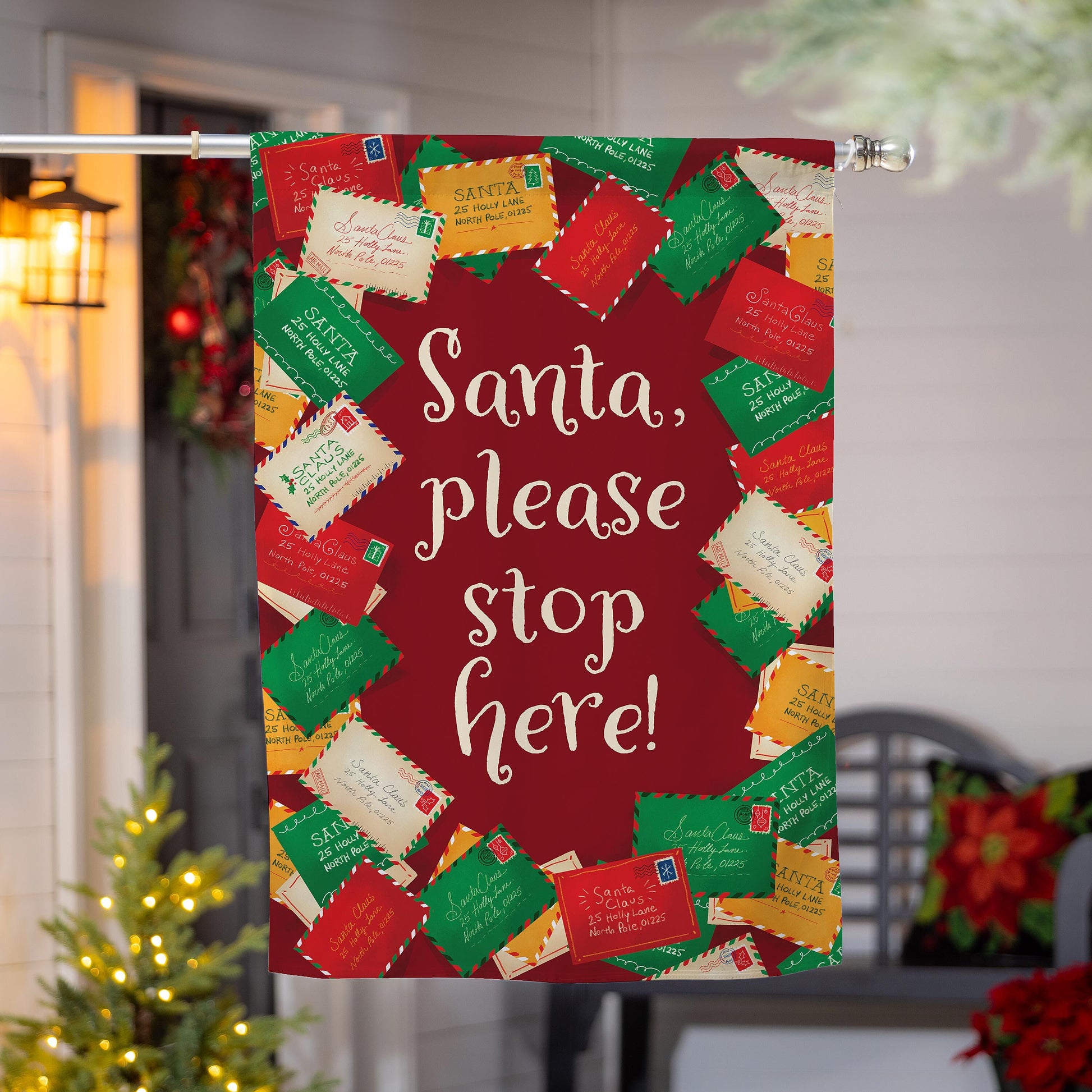 Letters To Santa Suede House Flag red with colorful postage-stamp collage on metal rod on Tampa Home & Garden Store