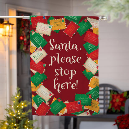 Letters To Santa Suede House Flag red with colorful postage-stamp collage on metal rod on Tampa Home & Garden Store